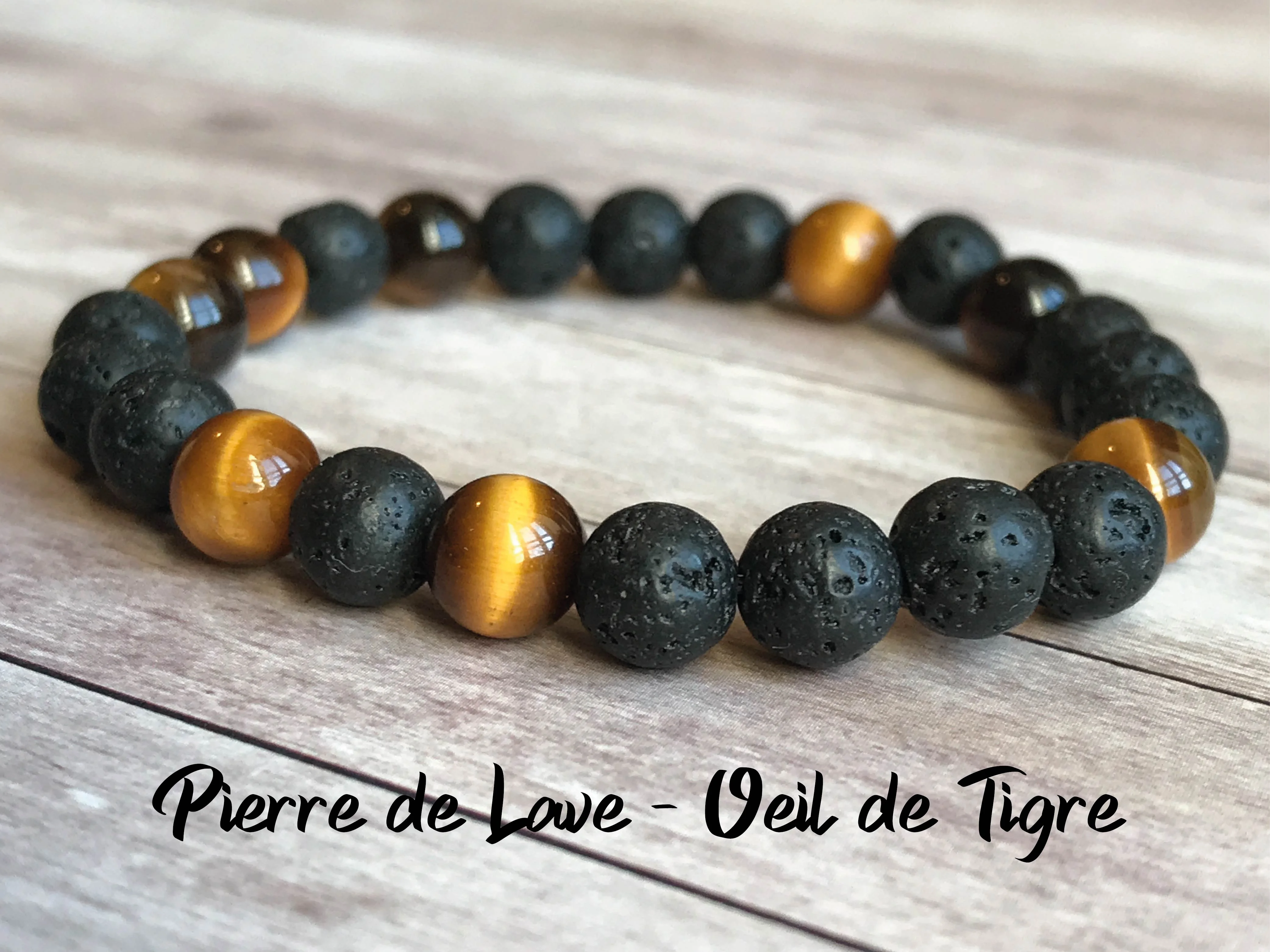Bracelet oeil de tigre pierre de lave sur fil elastique