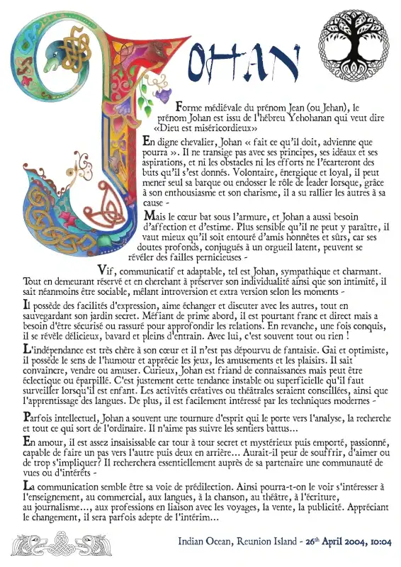Prenoms lettrine histoire johan