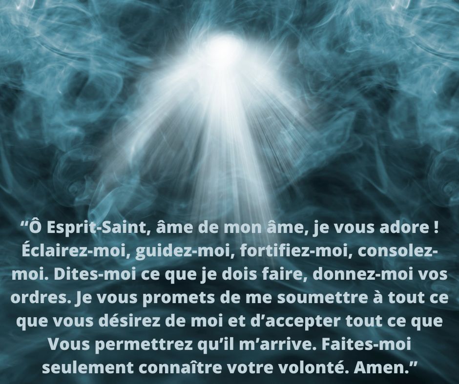  o esprit saint ame de mon ame je vous adore eclairez moi guidez moi fortifiez moi consolez moi dites moi ce que je dois faire donnez moi vos ordres je vous promets de me soumettre a tou