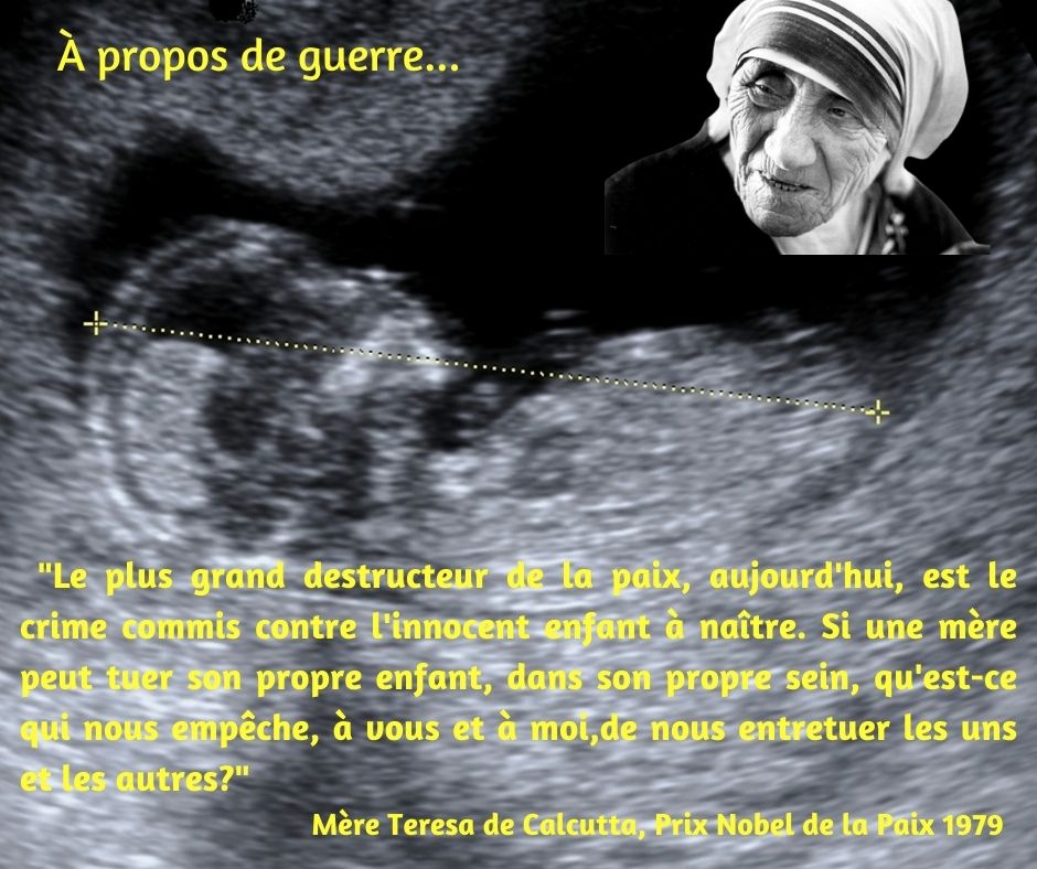 Le plus grand destructeur de la paix aujourd hui est le crime commis contre l innocent enfant a naitre si une mere peut tuerson propre enfant dans son propre sein qu est ce qui nous empeche 