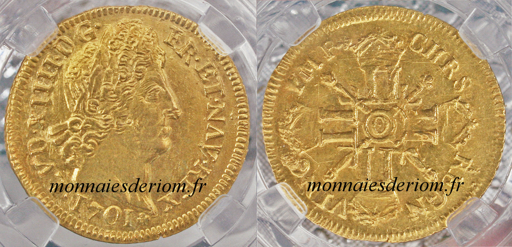 écu d'or louis d'or Riom
Louis d'or aux 8 L et insignes 1702 Riom