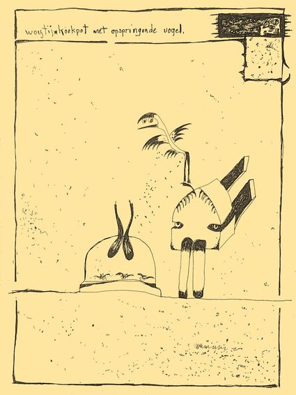 Woestijnkookpot met opspringende vogel. André Vereecken dessin encre de chine -1980
