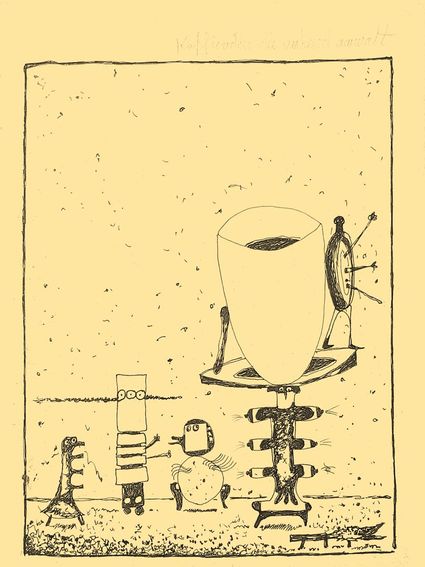 Koffieridder die verkeerd aanvalt. André Vereecken dessin encre de chine -1980
