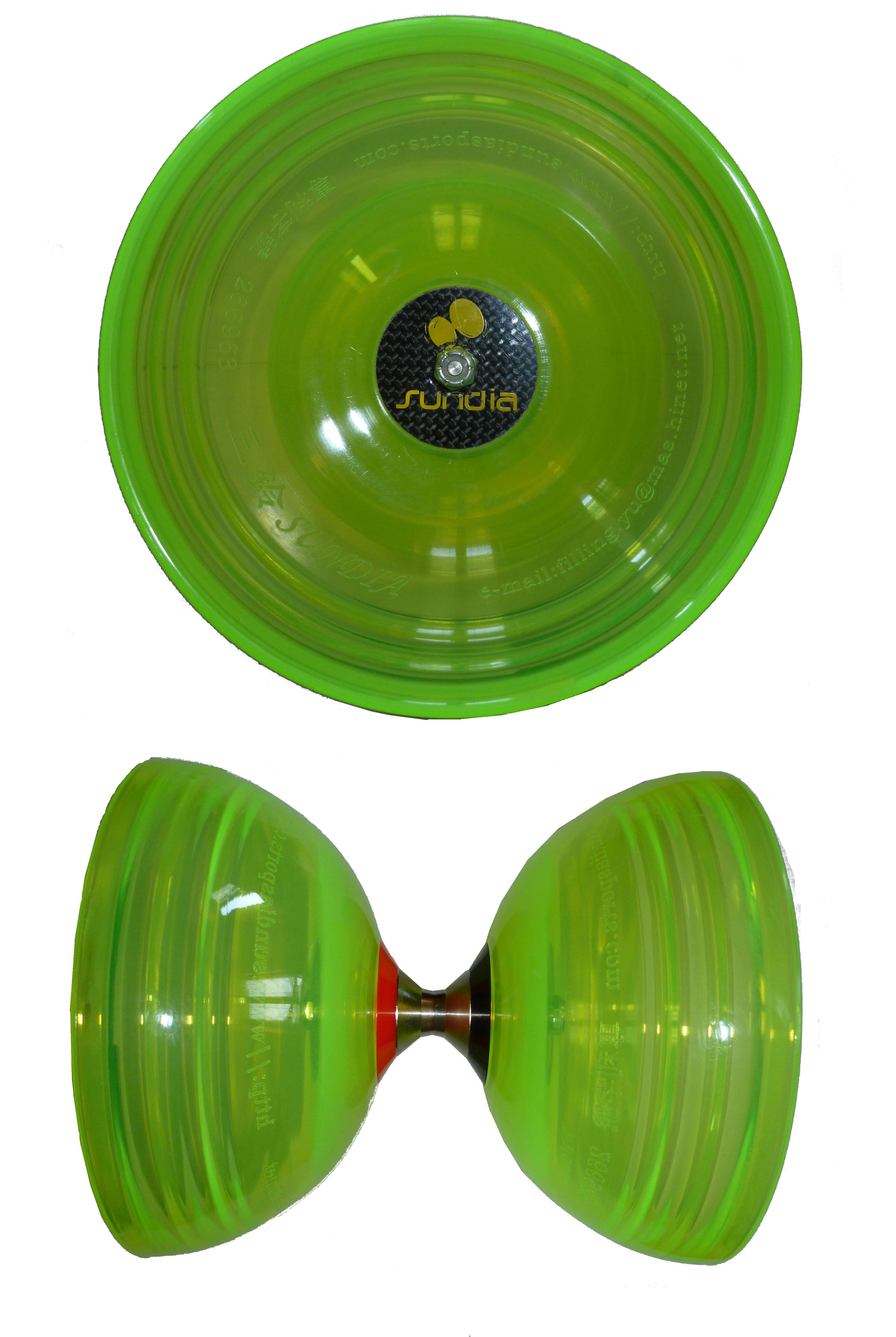 Nom:  Shining
Date: 2010
Matière et couleur:  caoutchouc (translucide jaune fluo)
Longueur (mm):144
Diamètre (mm):130
Inscription: 
Sundia
http://www.sundiasports.com
