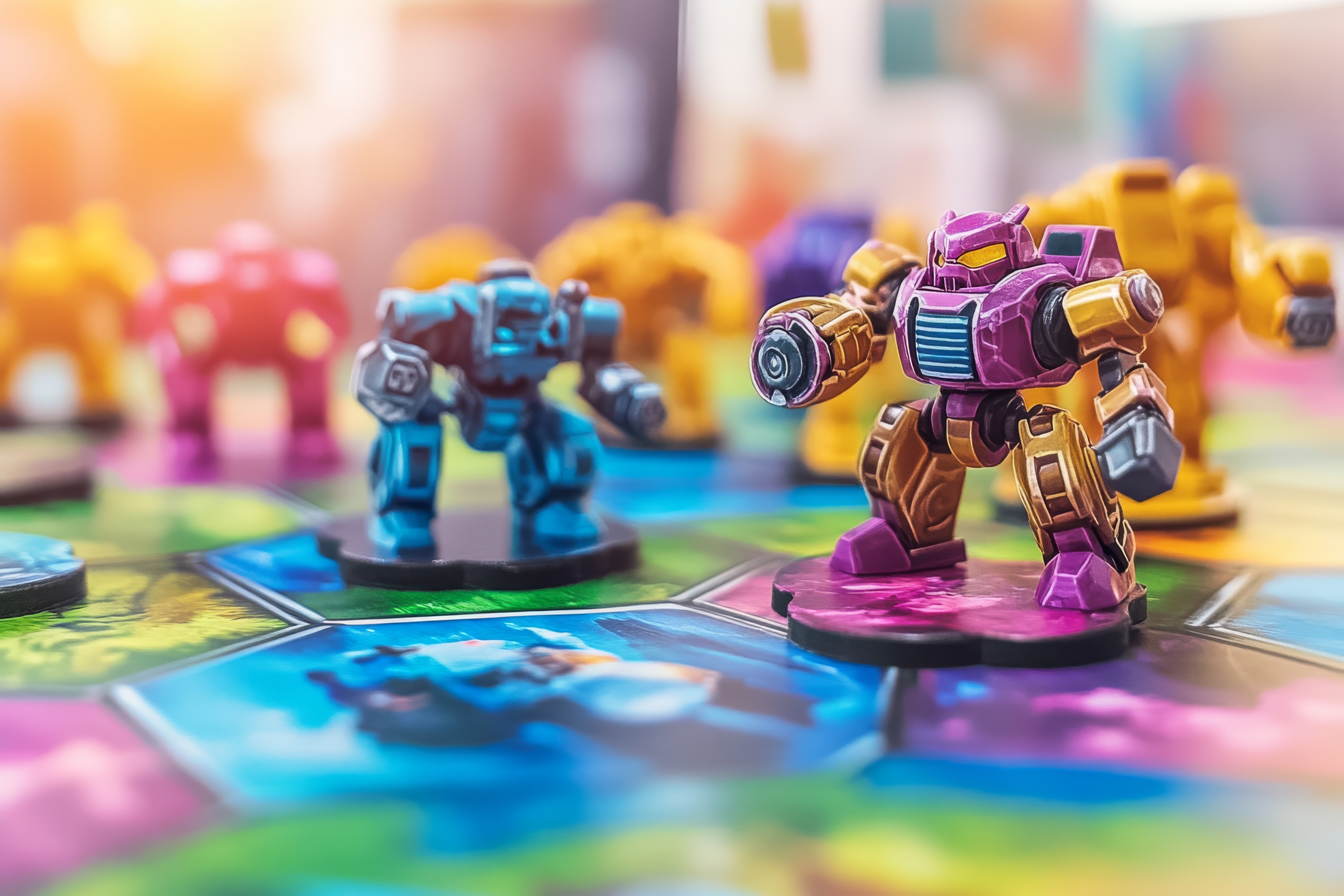 Une-illustration-3d-realiste-d-un-robot-ou-d-un-soldat-de-cyber-armure-concept-de-prototype-de-personnage-de-jeu-3d-d-un-groupe-de-figurines-de-chevaliers-petit-jouet-de-jeu-de-bataille-stock