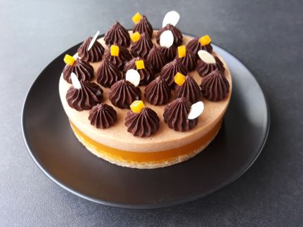 Entremets amande passion chocolat, sans gluten et sans lactose, sans œufs, 100% végétal