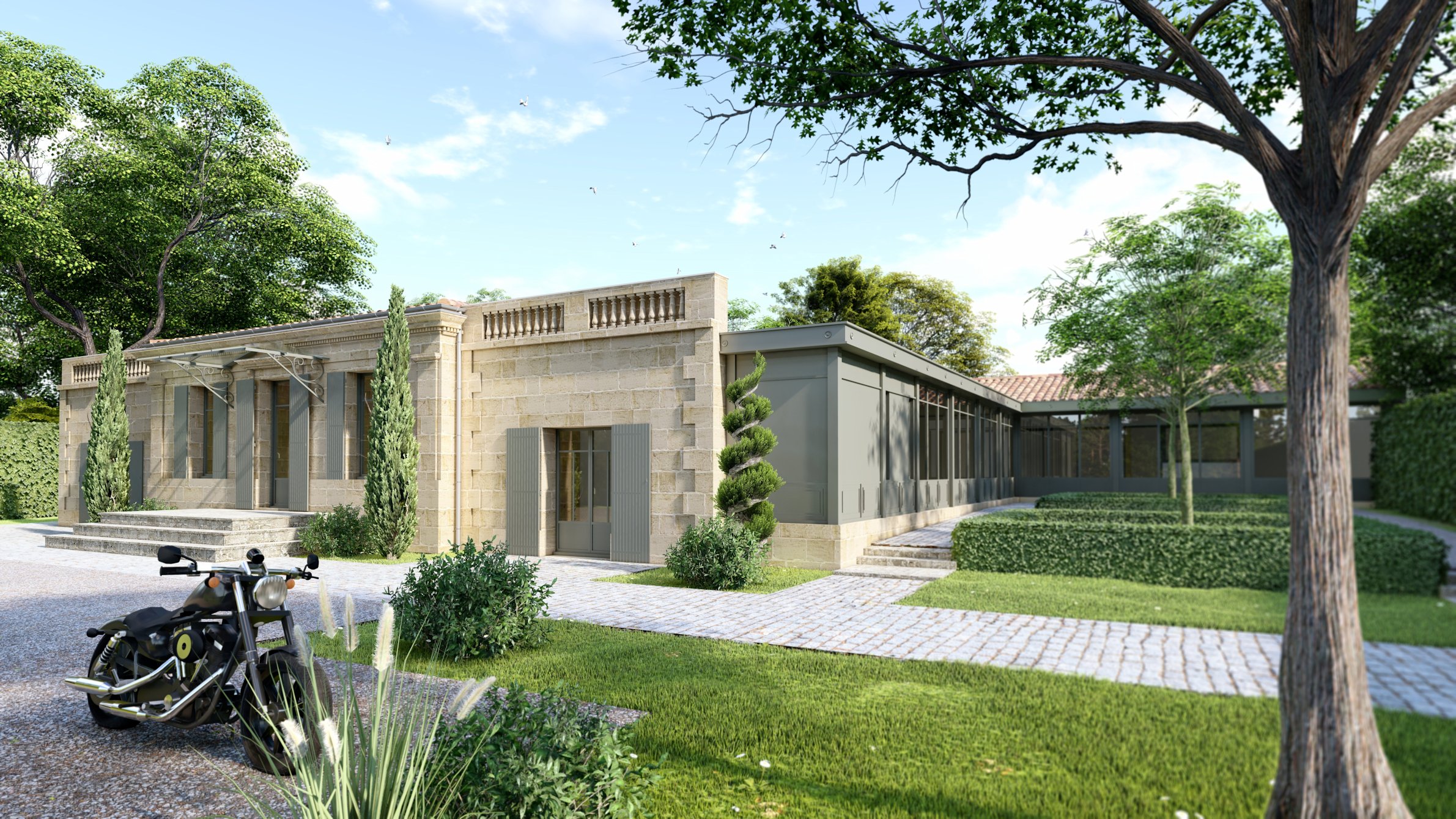 Visuel image de synthese infographie architecture extension renovation maison pierre