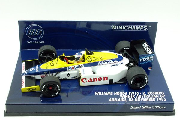 Fabricant : MINICHAMPS
Marque : Williams Honda
Type : FW10
Année : 1985
Echelle : 1/43
Couleur : Blanc/Jaune
Matière : MT
Référence fabricant : 4008540006
Pilote :Keke Rosberg
Remarque : Edition limitée Champion GP Australie
Prix : 40 euros