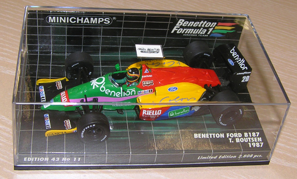 Fabricant : MINICHAMPS
Marque : Benetton Ford
Type : B187
Année : 1987
Echelle : 1/43
Couleur : Bleu/Jaune/Rouge/Vert
Matière : MT
Référence fabricant : 400870020
Pilote :Thierry Boutsen
Remarque : Edition limitée  
Prix : 35 euros
