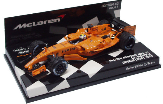 Fabricant : MINICHAMPS
Marque : McLaren Mercedes
Type : MP4/21
Année : 2006
Echelle : 1/43
Couleur : Orange
Matière : MT
Référence fabricant : 530064374
Pilote :Juan Pablo Montoya
Remarque : Edition limitée Interim livery / Tests Hivernaux
Prix : 25 euros
 