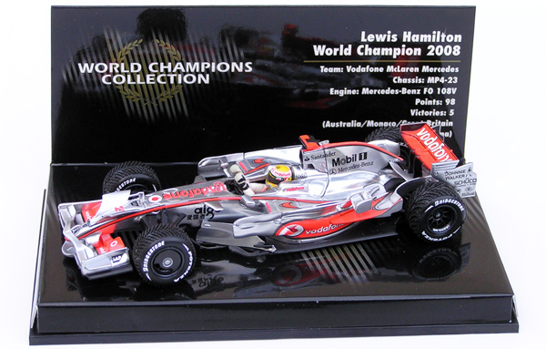 Fabricant : MINICHAMPS
Marque : McLaren Mercedes
Type : MP4/23
Année : 2008
Echelle : 1/43
Couleur : Argent/Rouge
Matière : MT
Référence fabricant : 530084332
Pilote :Lewis Hamilton
Remarque : Edition World Champion poings levés