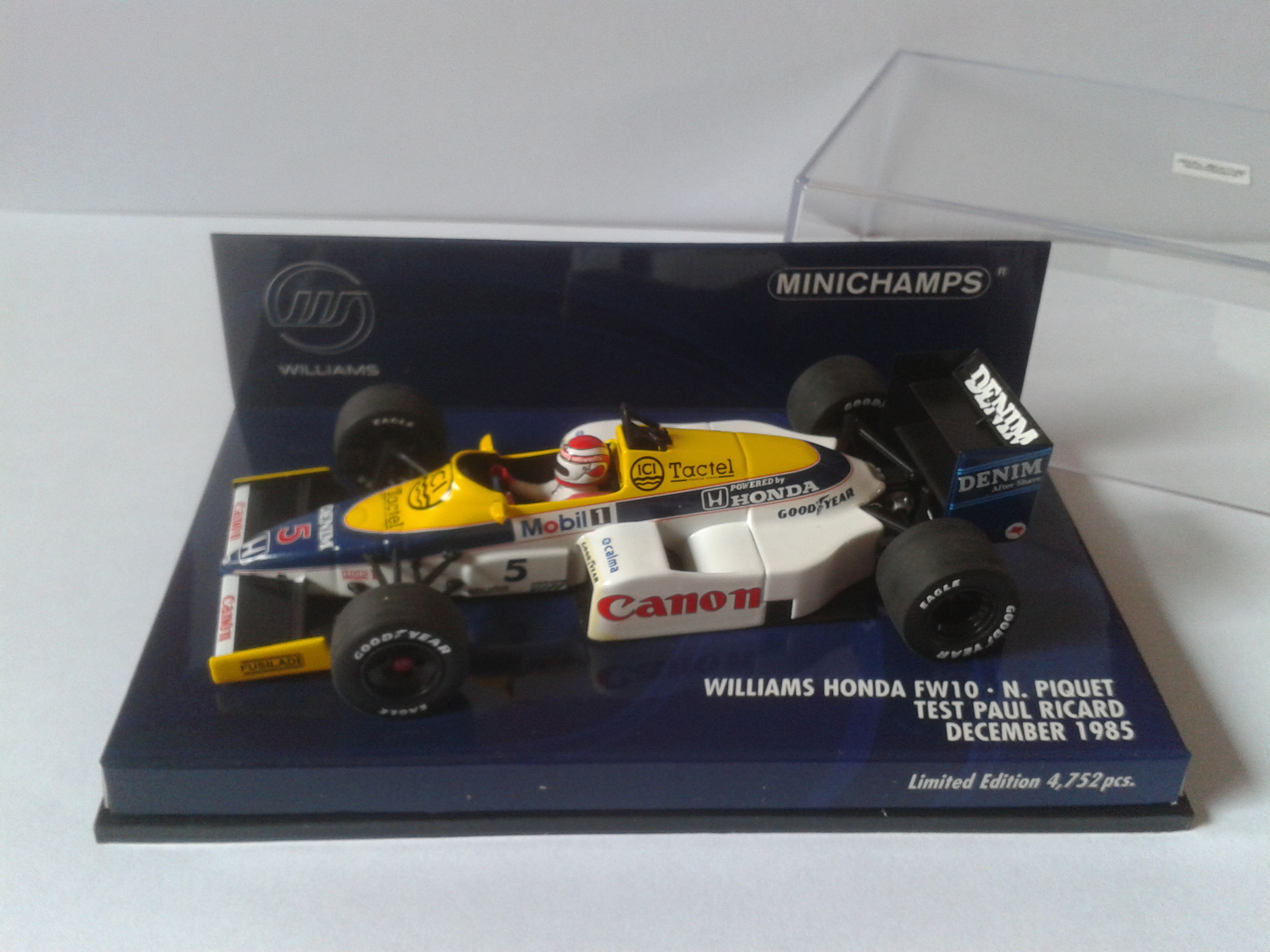 Fabricant : MINICHAMPS
Marque : Williams Honda
Type : FW10
Année : 1985
Echelle : 1/43
Couleur : Blanc/Jaune
Matière : MT
Référence fabricant : 400850105
Pilote :Nelson Piquet
Remarque : Edition limitée Test Paul Ricard
Prix : 35 euros