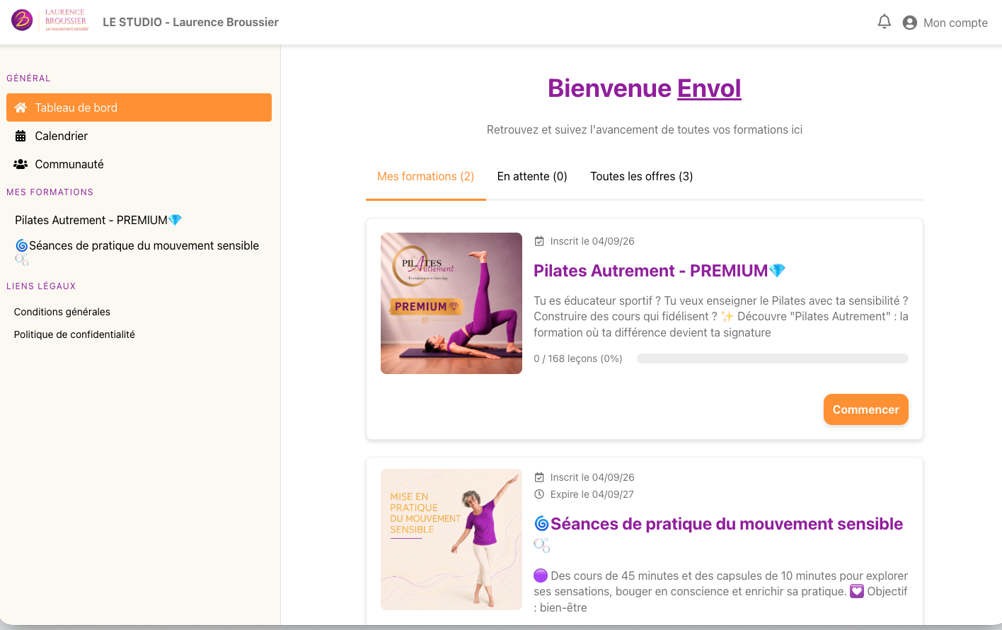 Écran d'accueil de l'espace de formation Laurence Broussier avec la formation Pilates autrement et les séances de pratique de mouvement sensible