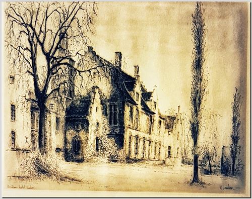 Kasteel Walburg te St Niklaas (3). Kopergravure door de Belgische graveur André Vereecken uit circa 1959.
