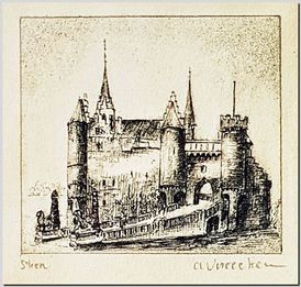 Het Steen te Antwerpen. Estampe originale d'André Vereecken de circa 1959.

