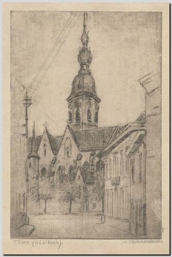 Olv Kerk Hamme. Gravure sur cuivre du graveur belge André Vereecken de circa 1959.
