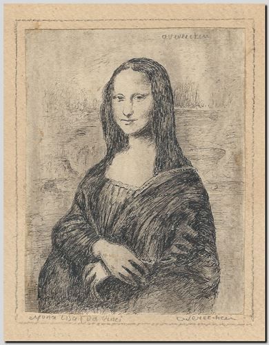 Mona Lisa (Da Vinci). Eau-forte du graveur flamand André Vereecken de circa 1959.
