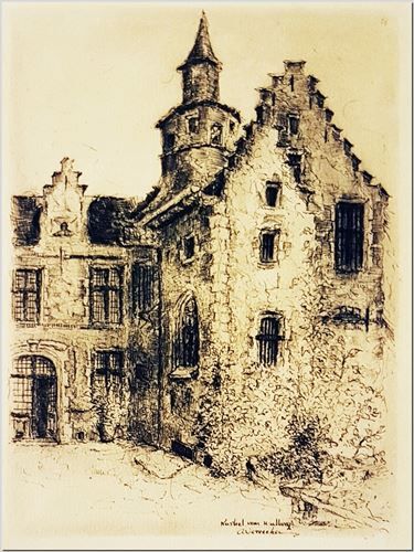 Kasteel Walburg St Niklaas (2). Afdruk van de graveur André Vereecken uit circa 1959.
