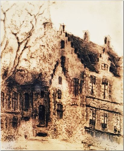 Kasteel Walburg St Niklaas (1). Kopergravure door de Belgische graveur André Vereecken uit circa 1959.
