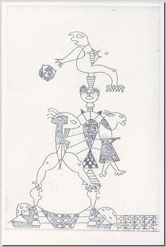 De Akrobaten (1). Kopergravure door de Belgische graveur André Vereecken uit  1970.
