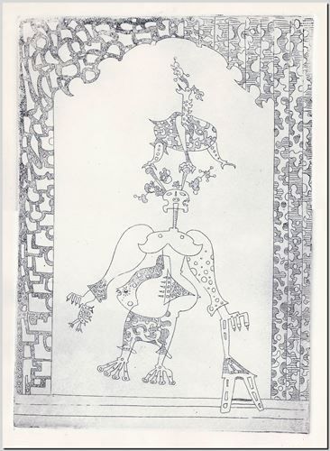 Opspringend figuur met vis In haar buik. Etskunst van graveur André Vereecken  1970.
