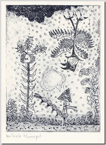 Vallende klimvogel. Prenttechniek van kunstschilder André Vereecken uit 1981.
