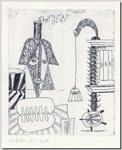 Rookster met kast. Estampe originale d'André Vereecken de 1981.
