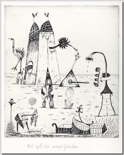Het spel der mogelijkheden (1). Kopergravure door de Belgische graveur André Vereecken uit 1983.

