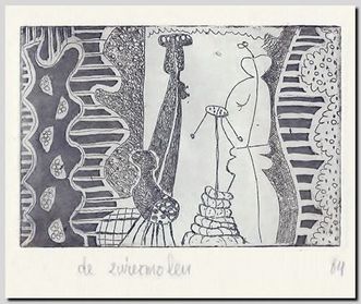 De zwiermolen. Kopergravure door de Belgische graveur André Vereecken uit 1984.
