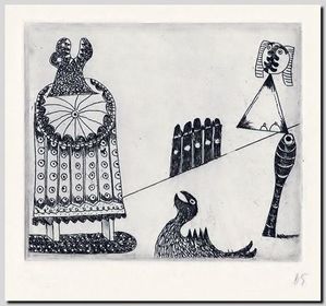 Zingende serenadevogel. Afdruk van de graveur André Vereecken uit 1985.
