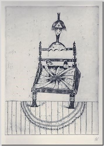 Mia Twie als object (Mia verkleed als stoel). Estampe du graveur André Vereecken de 1986.
