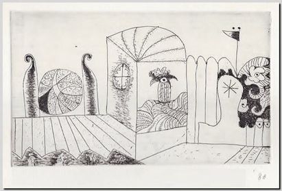 Kompositie met hoerenvogel. Kopergravure door de Belgische graveur André Vereecken uit 1986.
