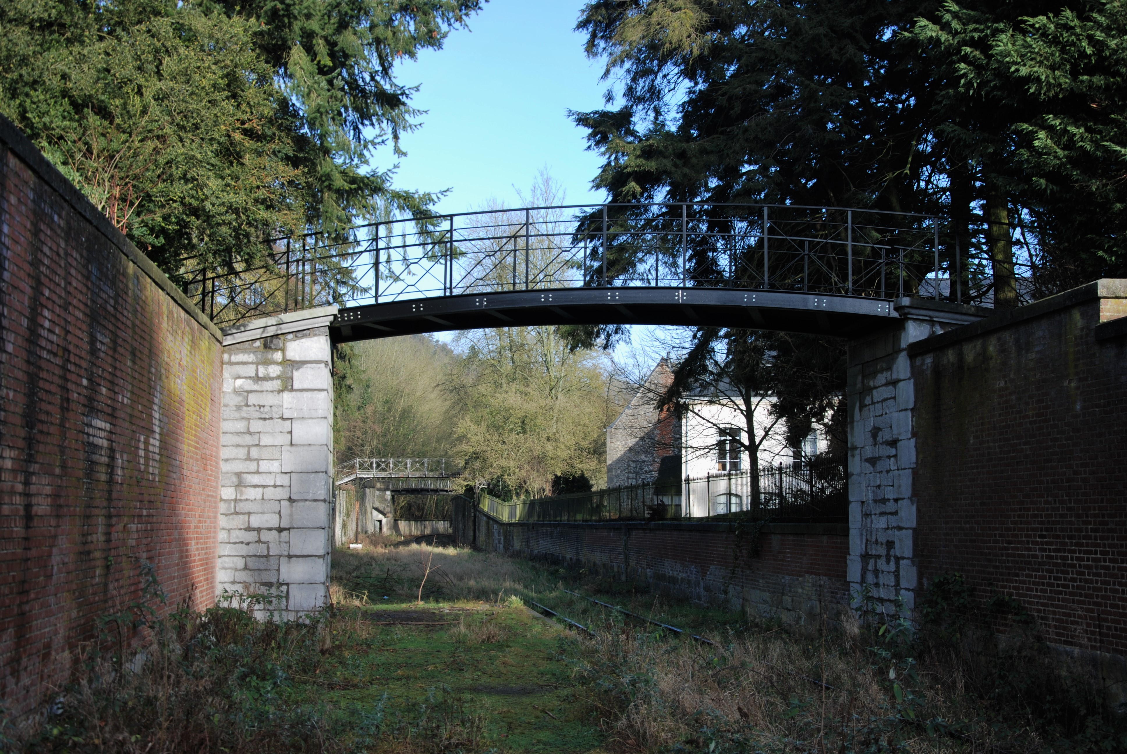 La tranchée de la ligne 154 à Waulsort. Cette passerelle métallique a été rénovée; elle relie les deux parties du château de Waulsort.
Janvier 2016
