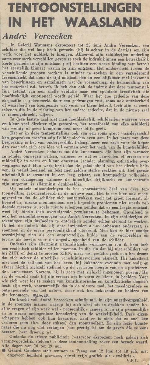 Frans Van Eyck (VEF) schrijft over André Vereecken in de krant Het Vrije Waasland. 1