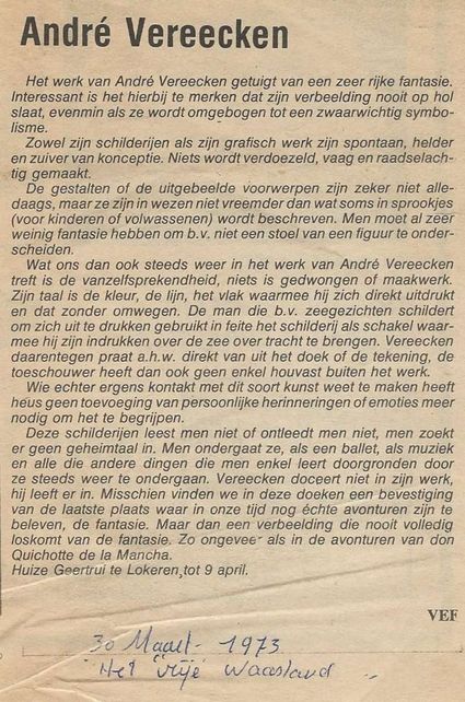 Frans Van Eyck (VEF) schrijft over André Vereecken in de krant Het Vrije Waasland. 2