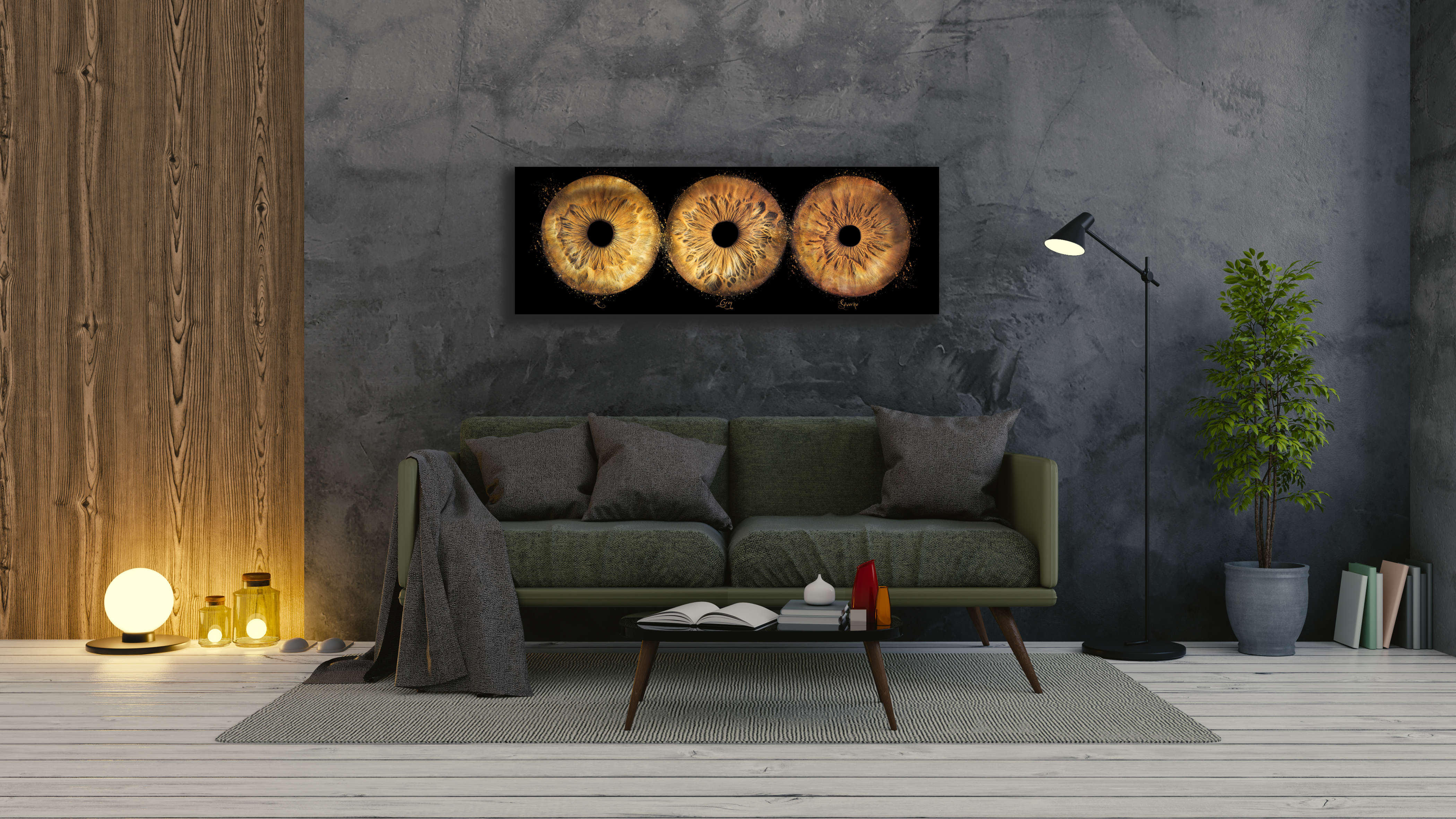 Interieur-vintage-moderne-du-salon-design-canape-vert-sur-mur-de-beton-sombre-1