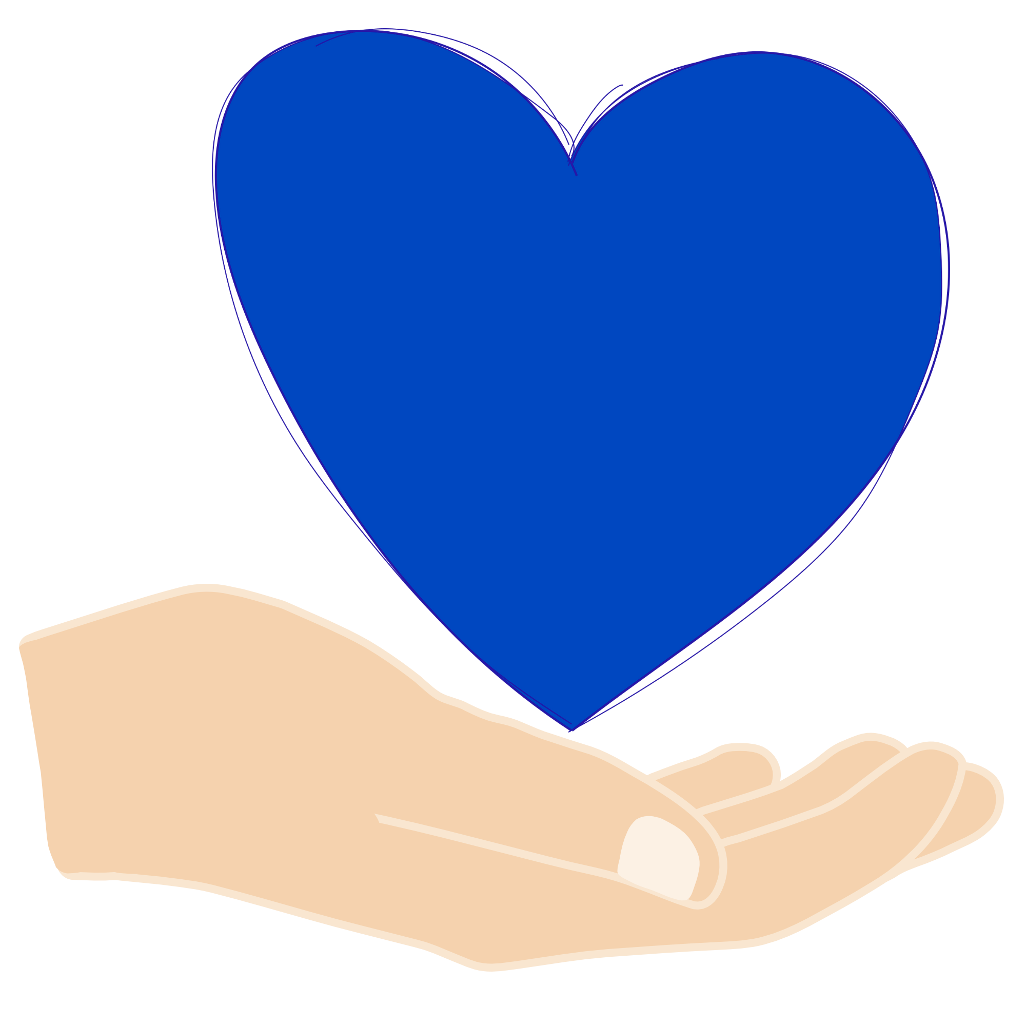Un coeur bleu dans une main tendue pour imager l'action de faire un don à l'Association Fibromyalgie Aube.