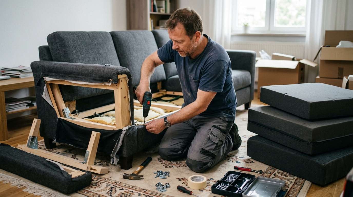 Man disassembling sofa 202608060746