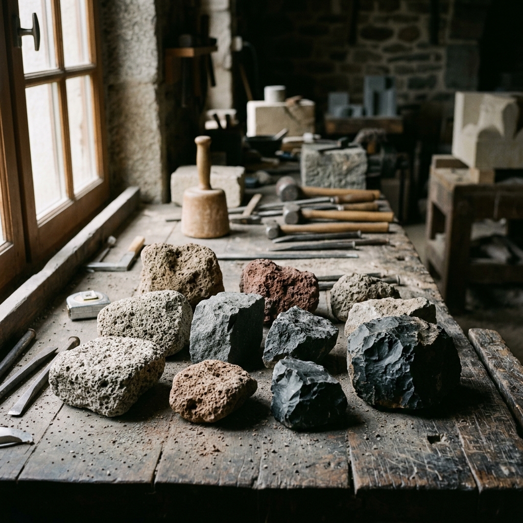 Pierre de Volvic, basalte, trachyte et tuf volcanique en échantillons