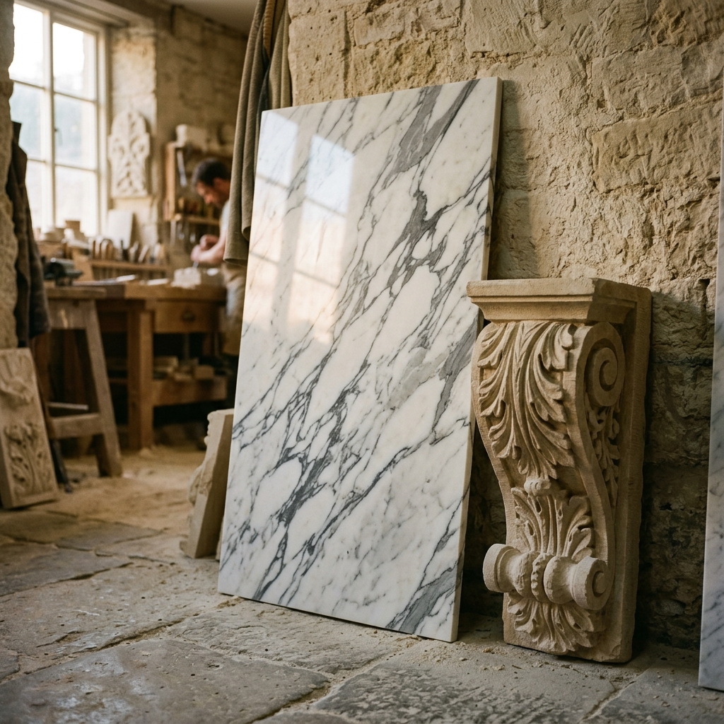 Marbre veiné poli et ornement sculpté pour restauration patrimoniale