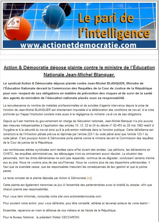 Communiqué de presse Action & Démocratie