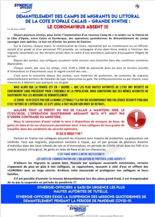 Synergie Officier - Démentelement camps des camps de migrants