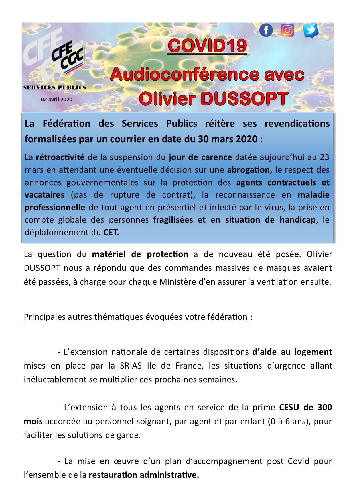 Audioconférence DUSSOPT - COVID19