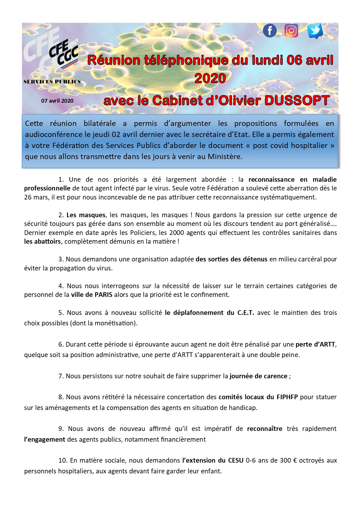 COVID19 - Réunion téléphonique cabinet DUSSOPT