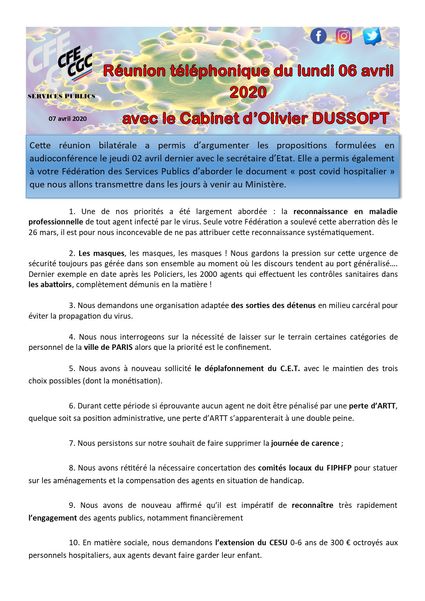 COVID19 - Réunion téléphonique cabinet DUSSOPT
