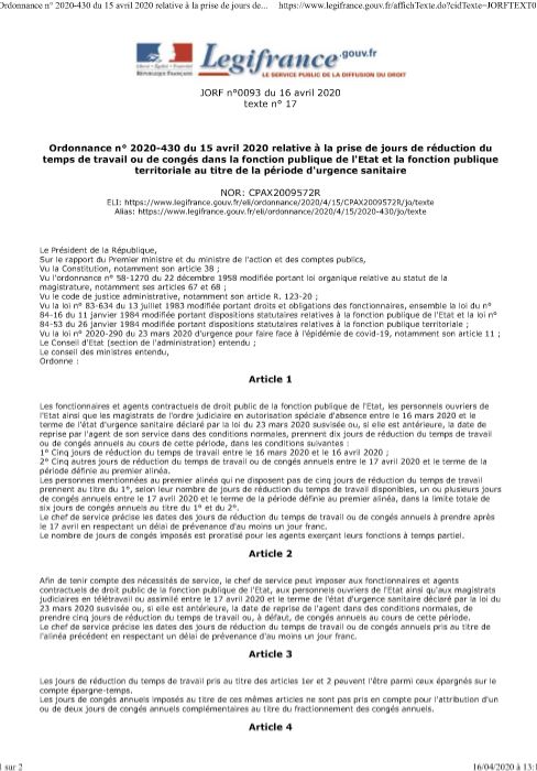 Ordonnance n° 2020-430 du 15 avril 2020 relative à la prise de jours de RTT ou congés