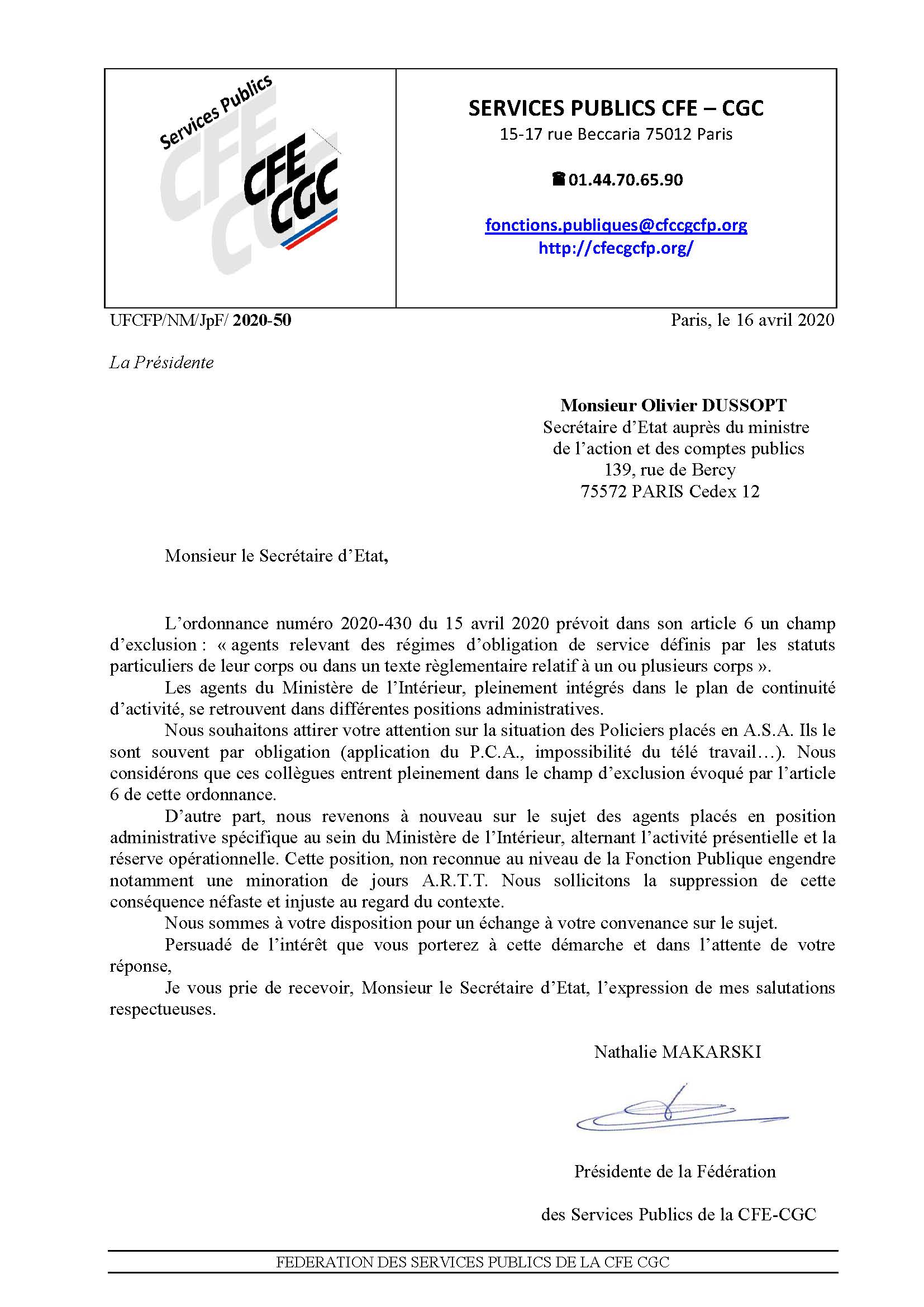 COVID19 - La fédération CFE-CGC SP saisit DUSSOPT