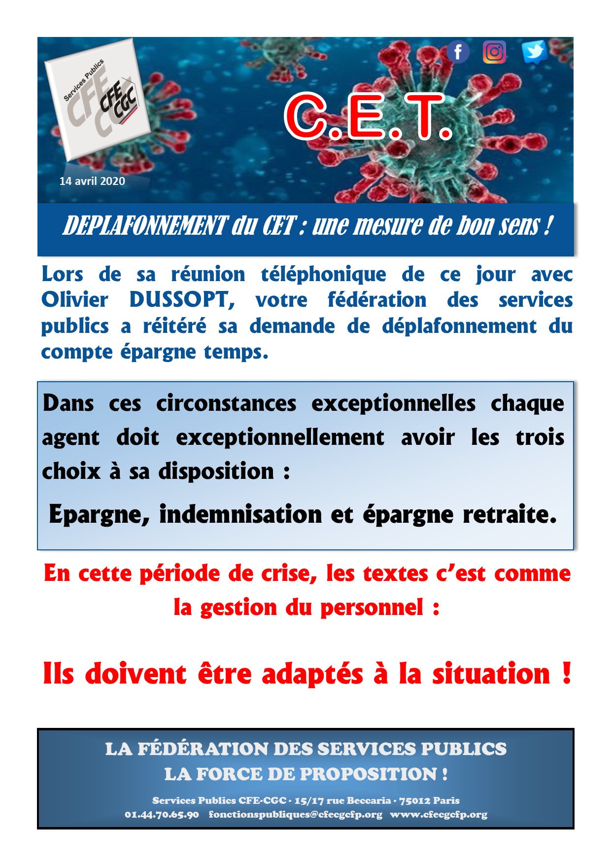 COVID19 - DEPLAFONNEMENT DU CET