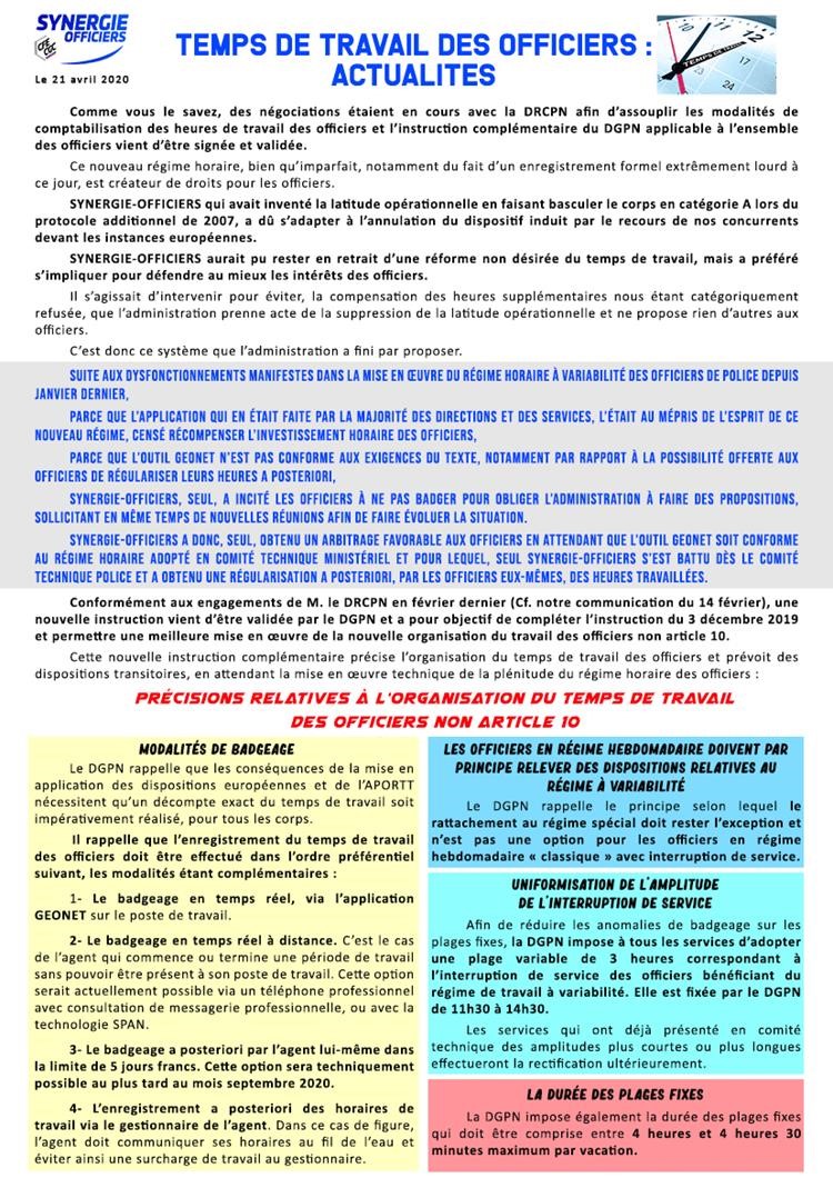 COVID19 - SYNERGIE OFFICIERS - TEMPS DE TRAVAIL