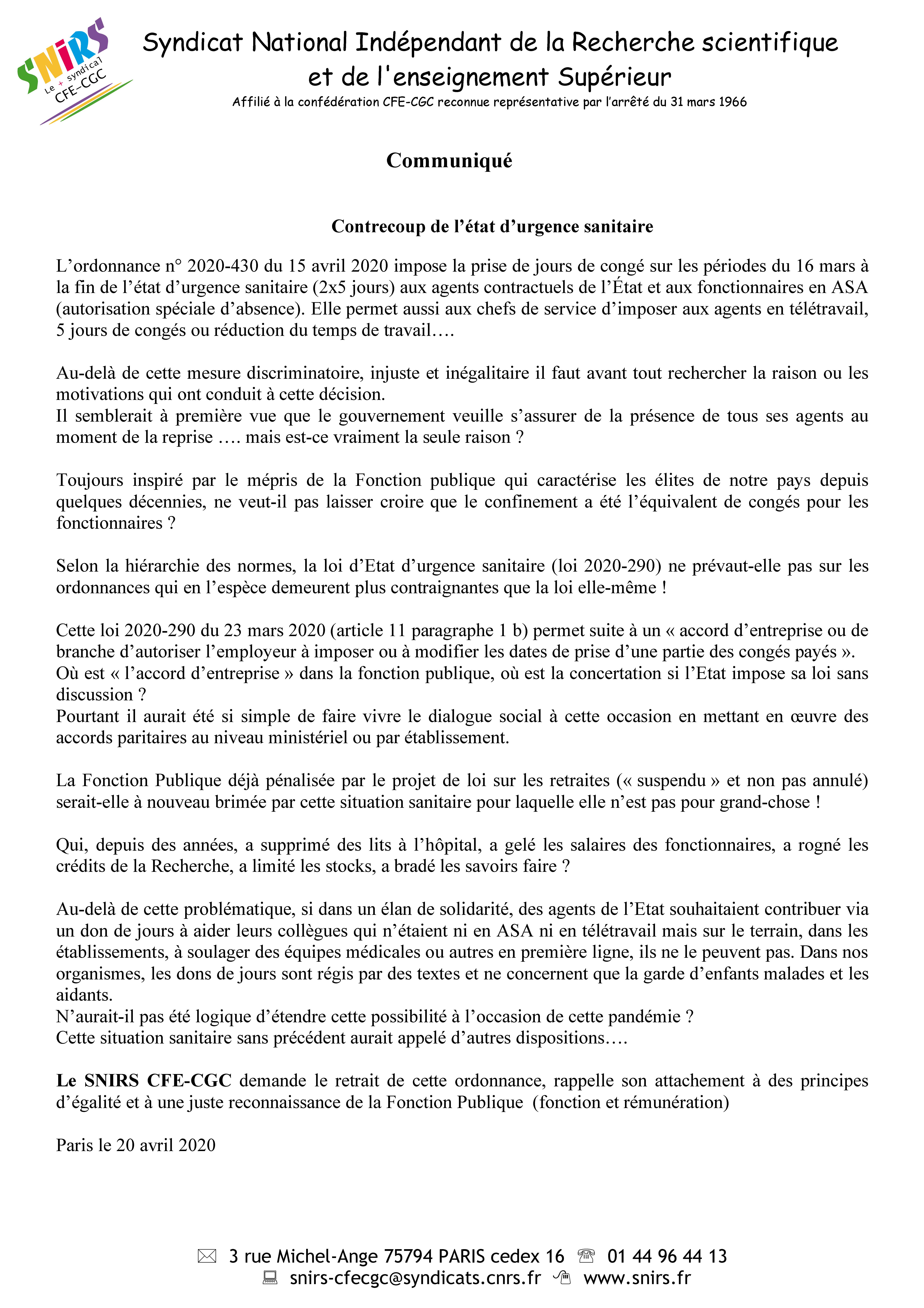 COVID19 - SNIRS - JOURS DE CONGES